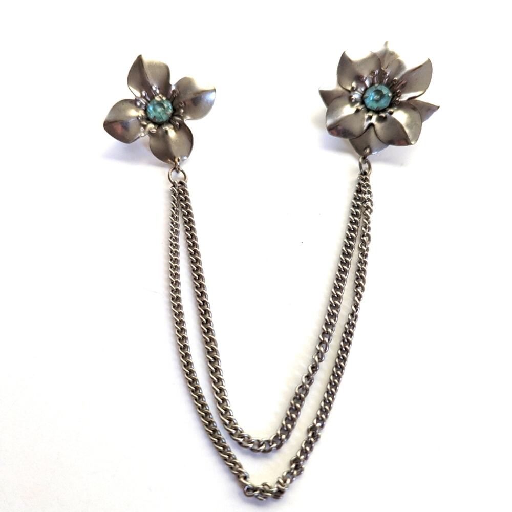 Vintage Silver Tone Floral Rhinestone Asymmetric Scatter Collar Lapel Pin Brooch